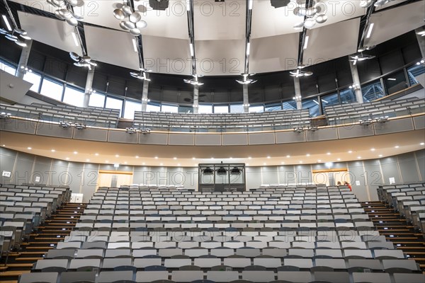 View from the lectern onto rows of seats in an empty lecture theatre, interior view, Department of