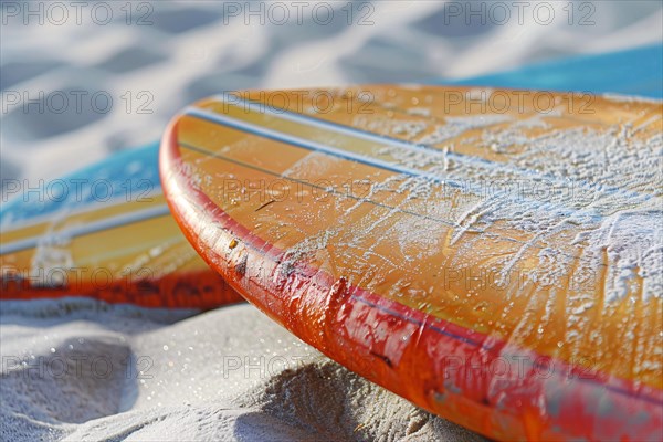 Two surfboards lying on beach. KI generiert, generiert, AI generated