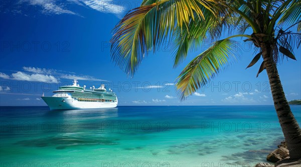 A large cruise ship docked near popular vacation resort. The scene is serene and relaxing, with the