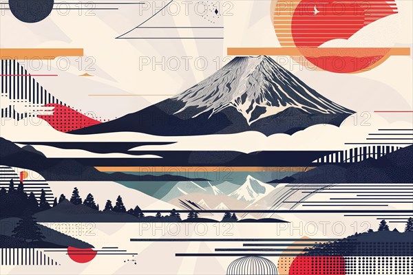 A tranquil panorama with the imposing Mount Fuji on the horizon, framed by geometric motifs and