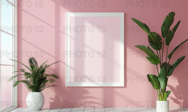 A blank image frame mockup on a pale blush pink wall AI generated