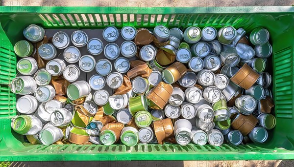 Symbol photo, rubbish, waste, many empty beverage cans in a rubbish container, AI generated, AI