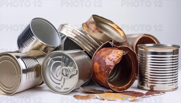 Symbol photo, many empty tin cans, partly crushed, rusty, dirty, on a white background, AI