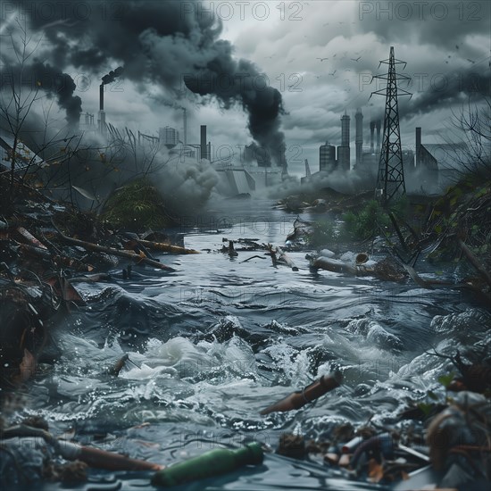 River abandoned by humans with debris and smoke in the background, pollution, environmental
