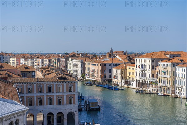 View from the roof of the Fondaco dei Tedeschi, boats on the Grand Canal, Venice, Veneto, Italy,