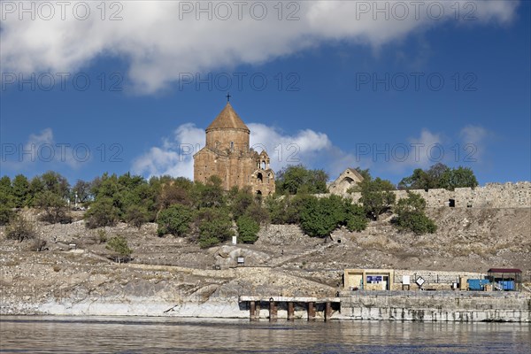 10th century Akdamar Armenian Church of the Holy Cross and pier, Akdamar Island, Turkey, Asia