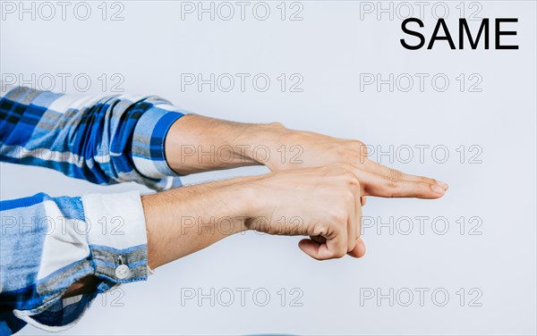 Hand showing word SAME gesture in sign language isolated. Man hand gesturing the word SAME in ASL
