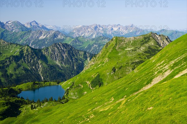 Panorama from Zeigersattel to Seealpsee, Allgaeu Alps, Allgaeu, Bavaria, Germany, Europe