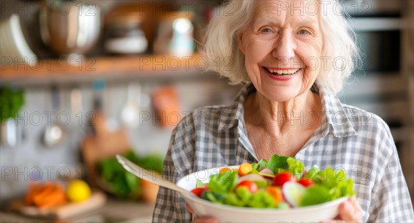 A senior aged woman is holding a healthy salad bowl in a kitchen. She is smiling and she is happy,