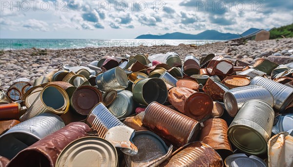 Symbol photo, many empty tin cans, partly crushed, rusty, dirty, lying on the beach, waste, AI