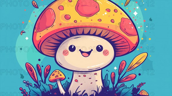 A playful cartoon mushroom with a happy face, set against a dotted background with autumn leaves,