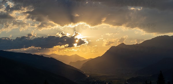 Sunset over the Liesingtal, in the evening light the village Kraubath, Schoberpass federal road,