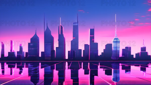 AI generated illustration of a cityscape with skyscrapers and holographic elements in blue and pink