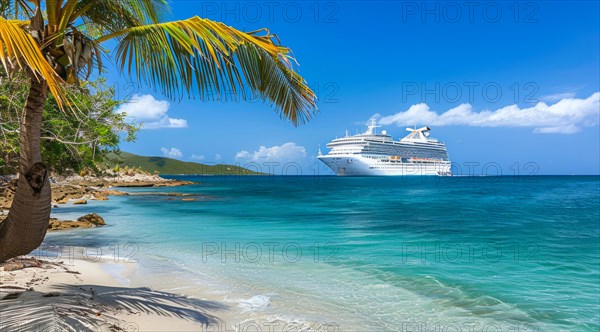 A large cruise ship docked near popular vacation resort. The scene is serene and relaxing, with the