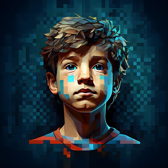 AI generated boys human head digitalised in pixel art style presenting a mosaic of vibrant hues in