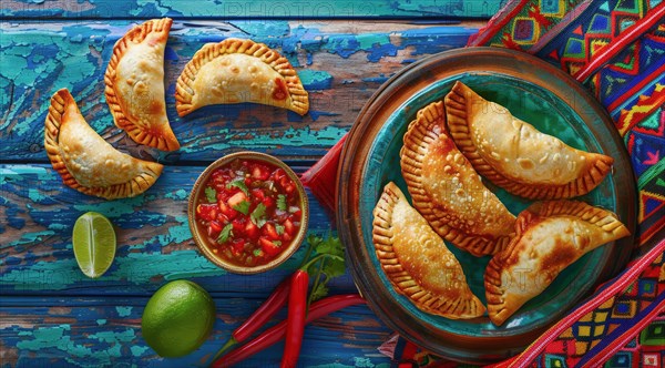 Tasty empanadas on a plate with colorful Mexican cloths as a background. National mexican food, AI