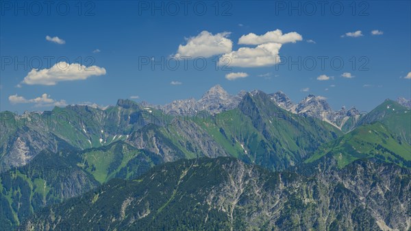 Panorama from Fellhorn, behind snail, 2268m, Hochvogel, 2592m, and Hoefats, 2258m, Allgaeu Alps,