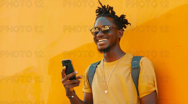 Black young positive man with dreadlocks is smiling and standing in front of the building wall.