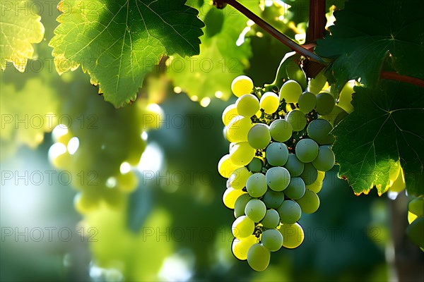 AI generated ripe grapes clinging to a vine sunlight dancing through the leaves accentuating their