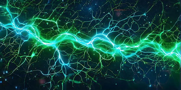 Ai generated conceptual illustration of a neuronal network with interconnected nodes pulsating in