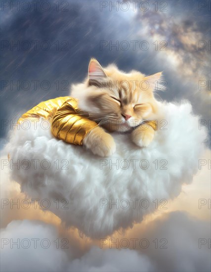 Tranquil ginger cat peacefully rests on a soft cloud, with glimmering golden wings, against a