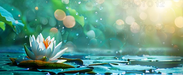 Lotus flower is floating on water. Concept of meditation, serenity, spirituality and enlightenment,