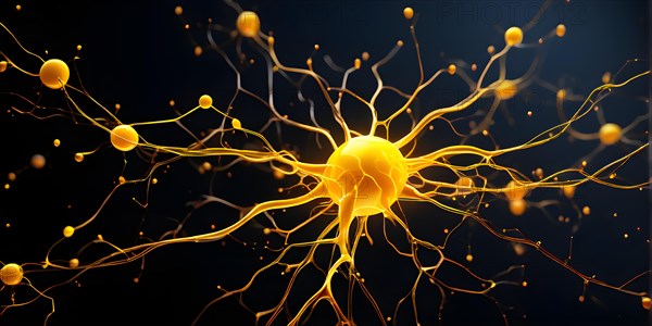 Ai generated conceptual illustration of a neuronal network with interconnected nodes pulsating in