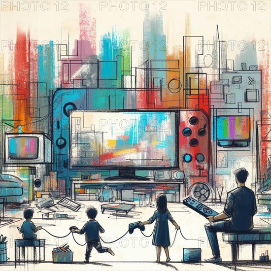 A family in a modern urban environment surrounded by abstract representations of technology, AI