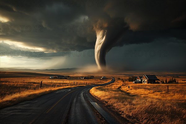 Disaster catastrophe storm concept, tornado in a field in the USA with road in field under stormy
