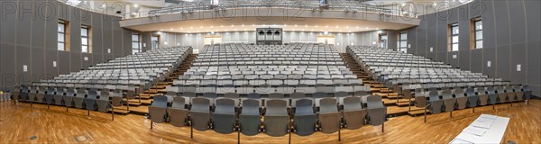 Panorama, view from the lectern to rows of seats in an empty lecture theatre, interior view,