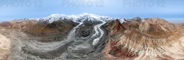 Aerial view, panorama, high mountain landscape with glacier moraines and glacier tongues, glaciated