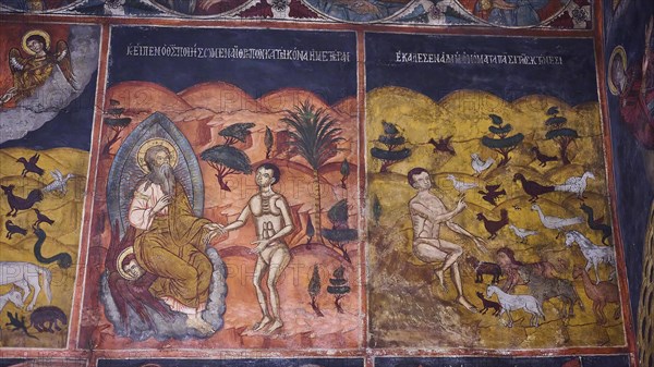 Wall painting portraying a prophet in the desert surrounded by wild animals and birds, Panagia