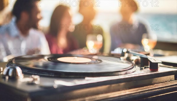 Friends enjoy drinks vinyl record playing together in cozy setting at sunset, bokeh effect ai