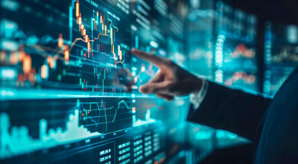 A man is pointing at a graph on a transparent screen showing market and economy trends, AI