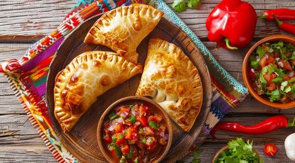 Tasty empanadas on a plate with colorful Mexican cloths as a background. National mexican food, AI