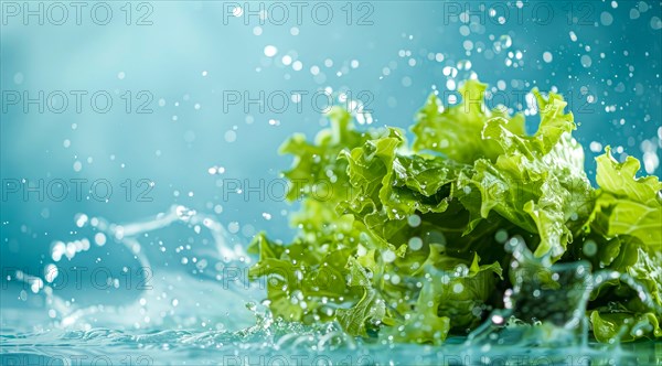 Fresh bunch of romaine lettuce floating in water. A concept of vegetarian lifestyle and vegetarian