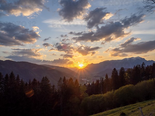 Sunset over the Liesingtal, in the evening light the village of Traboch, Schoberpass federal road,