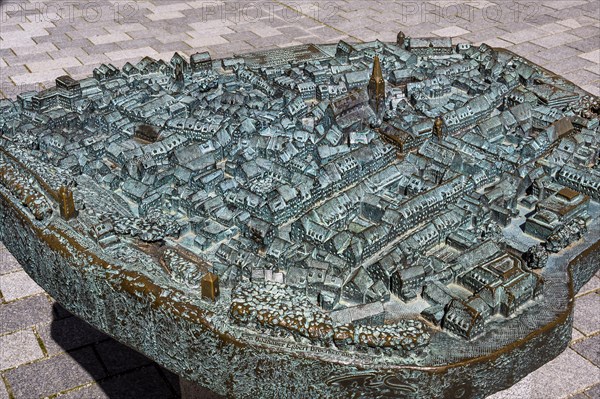 Bronze town relief, Kaufbeuern, Allgaeu, Swabia, Bavaria, Germany, Europe