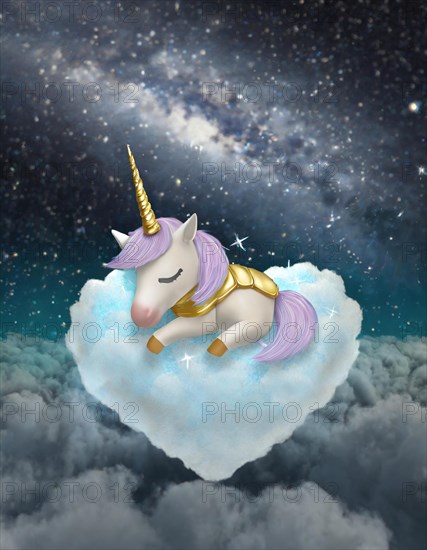 Illustration of a magical unicorn peacefully resting on a fluffy cloud against a cosmic starry
