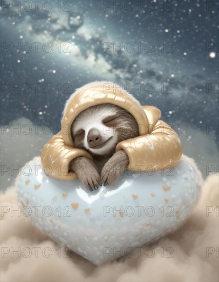 Illustration of a cute sloth napping peacefully on a heart-patterned cloud, surrounded by stars, AI
