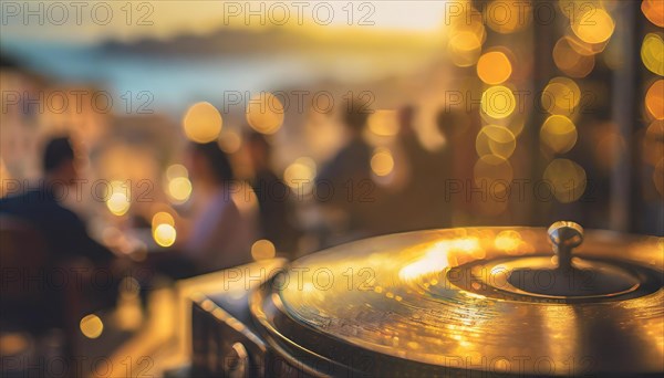Friends enjoy drinks vinyl record playing together in cozy setting at sunset, bokeh effect ai