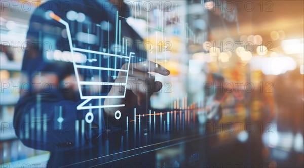 A man is pointing at a graph on a transparent screen showing market and economy trends, AI