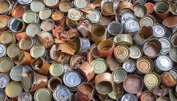 Symbol photo, many empty tin cans, partly crushed, rusty, dirty, lying in the landscape, AI