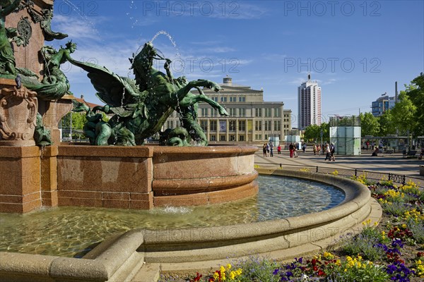 Mendebrunnen, Leipzig Opera House and Winter Garden Tower, Augustusplatz, Leipzig, Saxony, Germany,