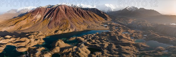 Aerial view, high mountain landscape with glacial moraines and mountain lakes, behind Pik Lenin,