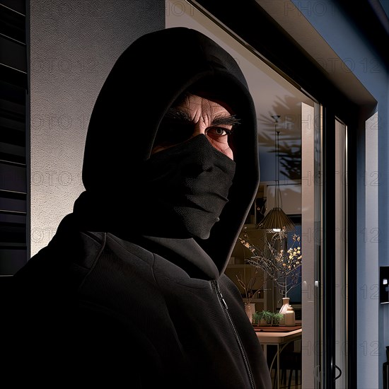 Close-up of a burglar with covered face at night in front of a window, burglary, burglar, burglary,