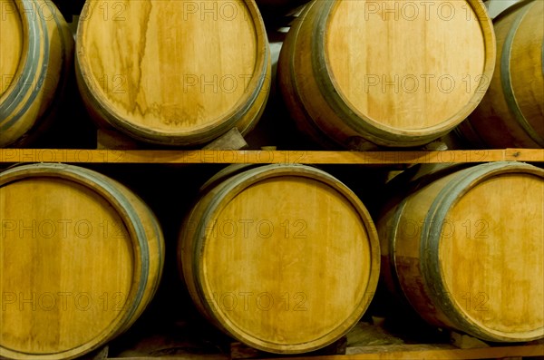 Oak barrels for wine aging in an underground cellar in Vale dos Vinhedos