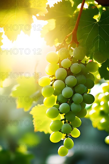 AI generated ripe grapes clinging to a vine sunlight dancing through the leaves accentuating their
