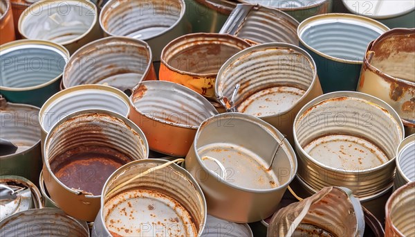 Symbol photo, waste, a large quantity of empty open rusted tinplate cans on a heap, AI generated,