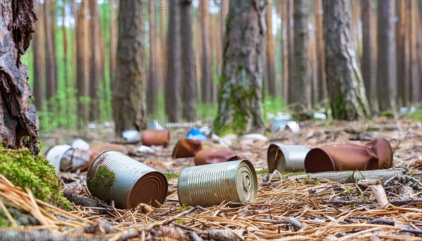 Symbolic photo, a forest of thick tree trunks, many rusty tin cans on the ground, waste,